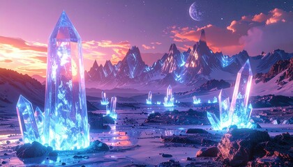 Glowing Crystal Formations in a Fantasy Landscape