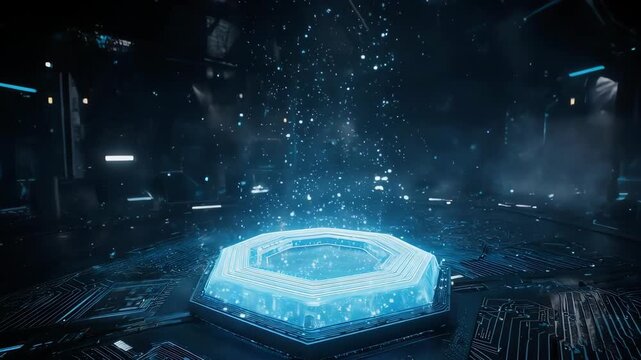 Glowing neon blue 3D pedestal in a high-tech lab with floating holographic particles. Ideal for technology showcases, gaming content, or futuristic product presentations.