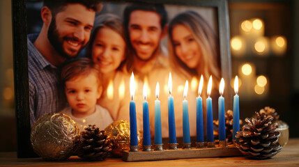 Warm celebration of Hanukkah for interfaith families is beautifully captured with menorah, glowing candles, and cherished family photo