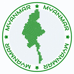 Myanmar map with round title. Country shape rings. Myanmar text around the country boundary shape. Trending vector illustration.