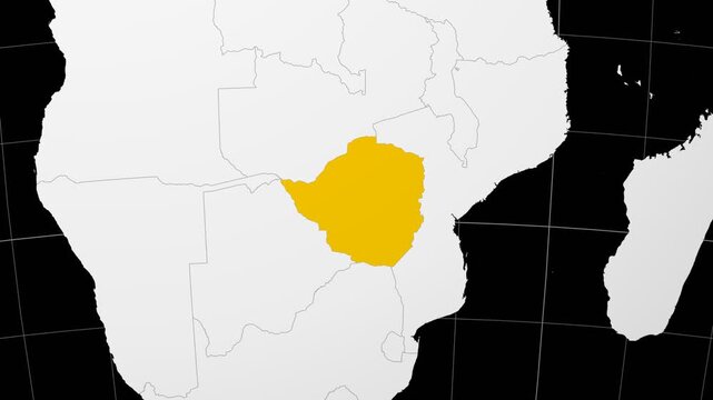 Zimbabwe map. Animated zoom into the country on the Globe in Black White color palette. Country logo animation. Map with meridians, parallels. Captivating video.
