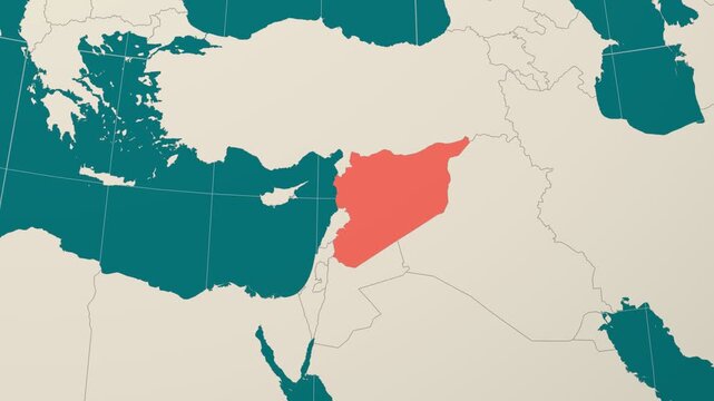 Syria map. Animated zoom into the country on the Globe in Teal Pale Mint color palette. Country logo animation. Map with meridians, parallels. Classic video.