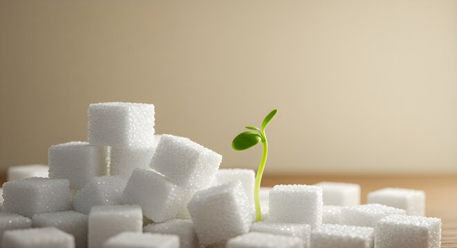 A vibrant green sprout pushing through a vast expanse of white sugar cubes, illustrating the delicate balance between indulgence and health, and the constant battle against diabetes - Powered by Adobe