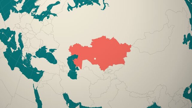 Kazakhstan map. Animated zoom into the country on the Globe in Teal Pale Mint color palette. Country logo animation. Map with meridians, parallels. Appealing video.