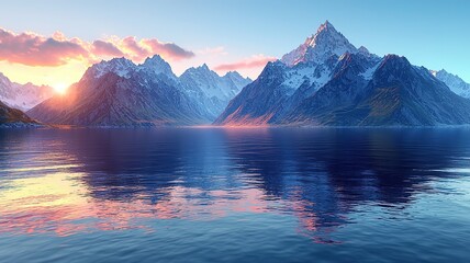3D hyper-realistic mountain close-up with sharp edges, dark blue sky and sunset on water
