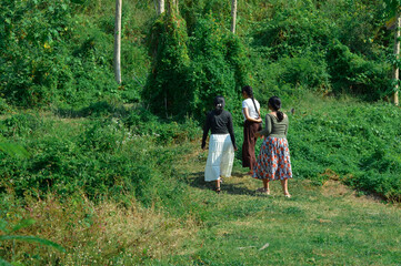 Three teenage girls hike slowly uphill through a lush grassy slope beneath tall trees, dressed...