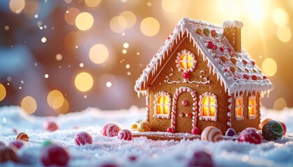 Naklejka premium Luxury gingerbread house with icing and colorful candy decorations — warm Christmas background with bokeh lights for marketing and branding