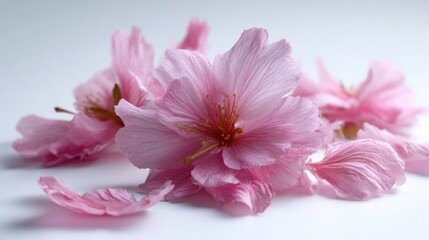 Fototapeta premium Close-up of delicate pink cherry blossom petals scattered on a smooth white surface