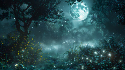 Obraz premium Fantasy Night Forest Illuminated By full moon