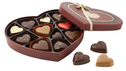 Heart shaped box of assorted gourmet chocolates with some chocolates scattered outside isolated on transparent background