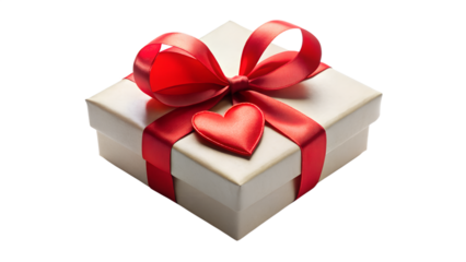 Elegant white gift box with a red satin ribbon and heart embellishment isolated on transparent background