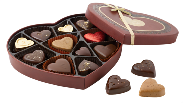 Heart shaped box of assorted gourmet chocolates with some chocolates scattered outside isolated on transparent background