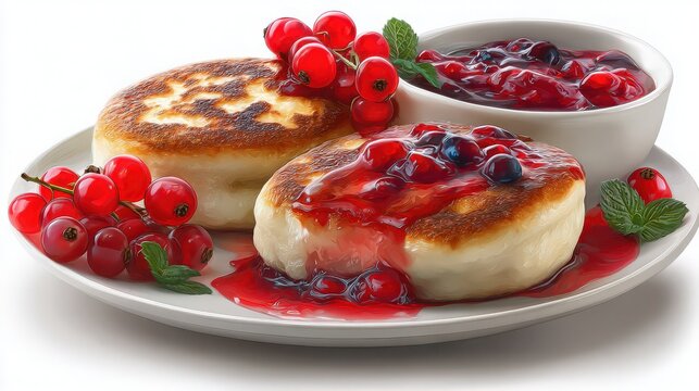 russian syrniki with berry compote photograph