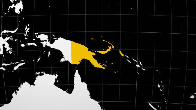 Papua New Guinea map. Animated zoom into the country on the Globe in Black White color palette. Country logo animation. Map with meridians, parallels. Amazing video.