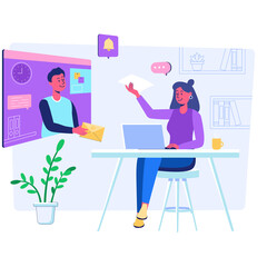 Illustration of a woman working at a desk with a laptop receiving a document from a man on a screen in a modern office setting with plants and abstract graphics on the wall