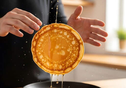 Culinary mastery with drizzled golden syrup over a perfectly prepared pancake