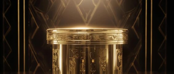 An elegant, rotating golden pedestal with Art Deco details on a black background. Ideal for awards, premium products, or vintage-themed presentations. Luxurious and classic.