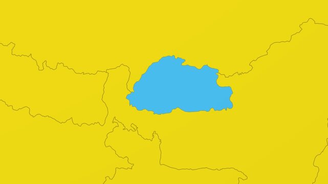 Bhutan map. Animated zoom into the country on the Globe in Charcoal Bright Yellow color palette. Country logo animation. Map with meridians, parallels. Vibrant video.