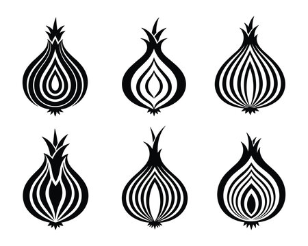 Onion Half Outline Icons Set Isolated White Background