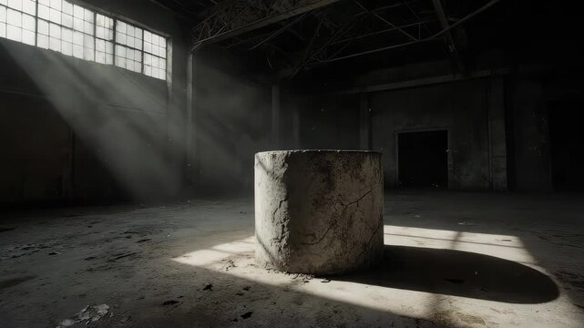 A 3D empty concrete podium in a gritty, industrial warehouse setting with atmospheric lighting. Perfect for showcasing robust products, urban themes, or modern designs.
