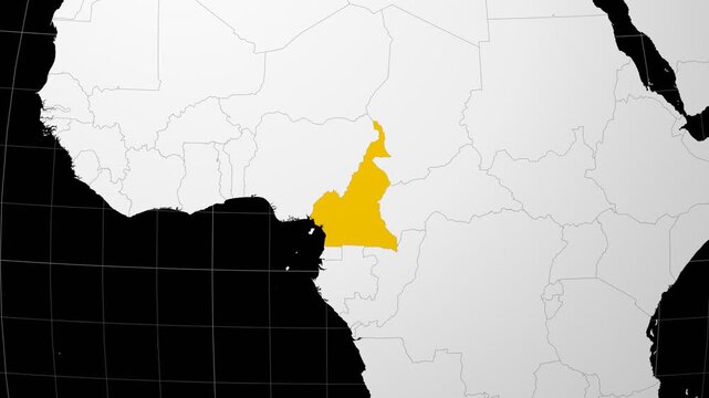 Cameroon map. Animated zoom into the country on the Globe in Black White color palette. Country logo animation. Map with meridians, parallels. Classy video.