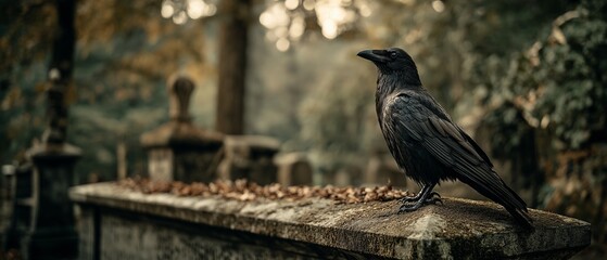 Sitting atop an ancient headstone in a gloomy cemetery is a dark raven.