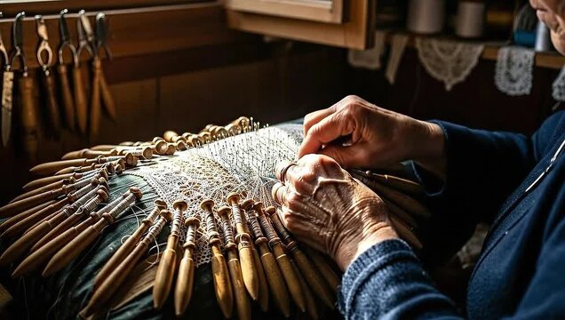 Close-up of a woman?s hands working with bobbins and pins to create lace, detailed shot