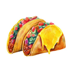 Watercolor painting of two beef tacos with fresh vegetables and melted cheese isolated on transparent background.