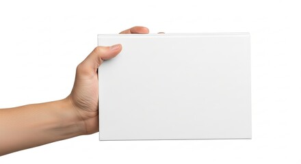 Obraz premium Hand holding blank white card against a white background.