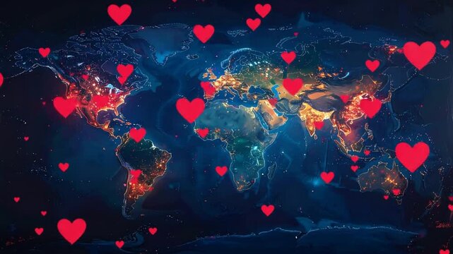 Global connectivity concept with hearts over cities around the world, love concept