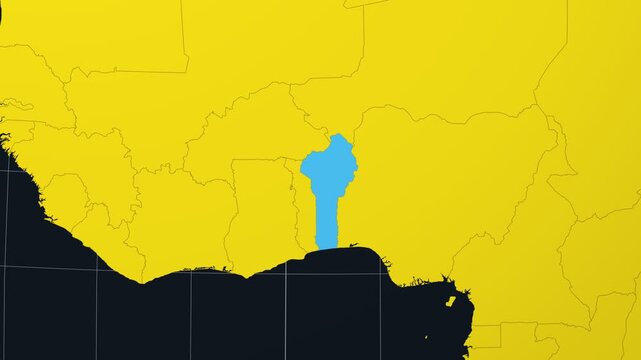 Benin map. Animated zoom into the country on the Globe in Charcoal Bright Yellow color palette. Country logo animation. Map with meridians, parallels. Classic video.