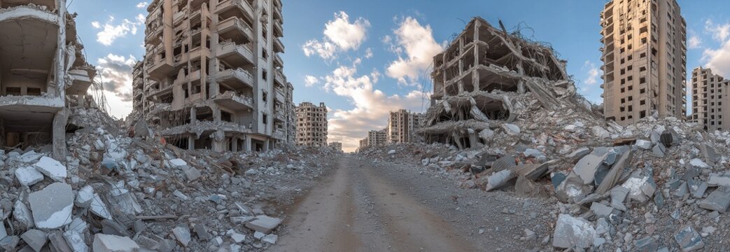 Rubble and collapsed buildings in war-torn cities - Powered by Adobe
