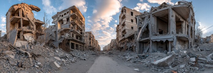 Rubble and collapsed buildings in war-torn cities