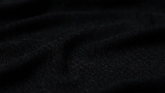 A detailed close-up shot of a soft, wrinkled black fabric, showcasing its texture and fibers.