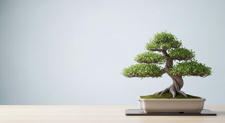 Miniature Bonsai Tree Minimalist Japanese Art on Table with Copy Space