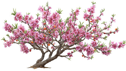 Obraz premium Nectarine Tree with Pink Blossom Bouquet and Small Fruits on Transparent Background