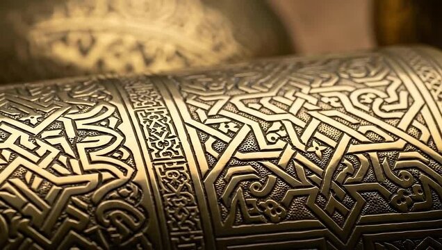 Intricate embossed metal design showing detailed pattern of geometric shapes. Metallic surface is visible