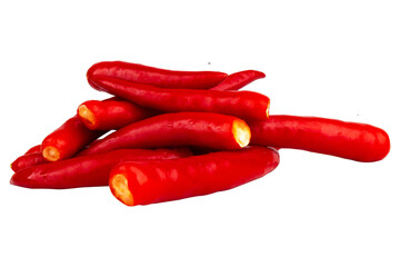 Pile of red Thai chili peppers on white background