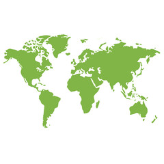 Fototapeta premium Green world map illustration showing continents and landmasses against a white background, representing global geography.
