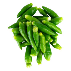 Pile of fresh green chili peppers on white background