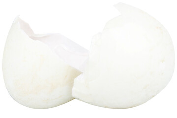Broken duck eggshell on white background
