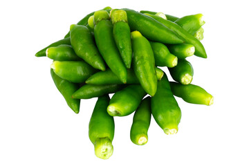Pile of fresh green chili peppers on white background