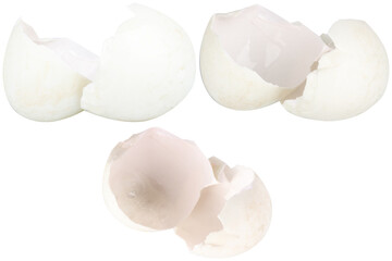 Broken duck eggshell on white background