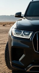 Fototapeta premium Luxury SUV in the Desert: A sleek, black SUV stands majestically against a vast desert landscape, a symbol of power and refined travel. Embodying both rugged capability and modern luxury.