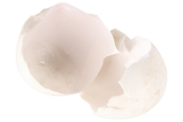 Broken duck eggshell on white background