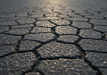 Cracked Asphalt Textures: A close-up shot captures the intricate texture of a cracked asphalt surface, revealing a network of fractured patterns, conveying a sense of age, wear.
