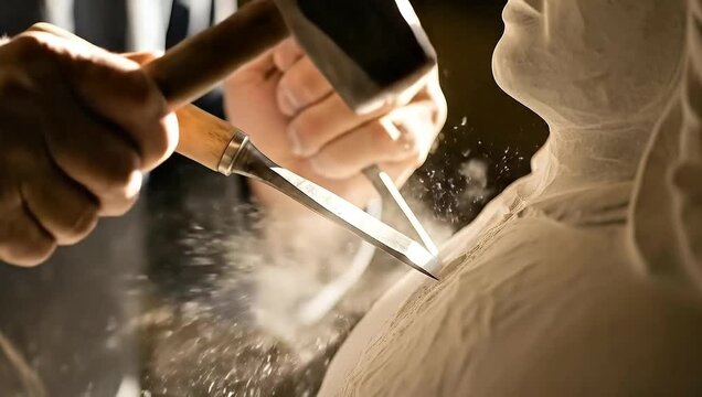 A sculptor chisels a white stone form with a hammer and chisel, revealing fine craftsmanship