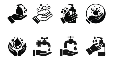 Hand washing and Sanitation Icon Set Hygiene, Soap, and Clean Water Silhouette Vectors