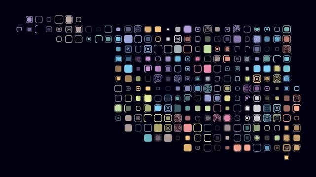 Oklahoma animated shape. Pulsating colored dots on the map of the state. Large size rounded square blocks. Digital style Oklahoma map on dark background. Creative animation video.