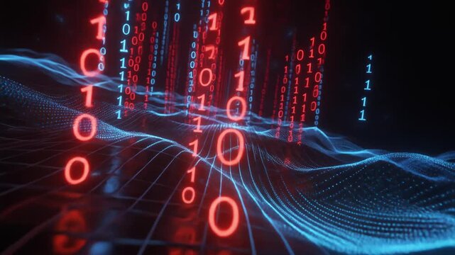 Neural network and big data flow visualization with binary code matrix &mdash; AI, machine learning, quantum computing, and cyber security futuristic technology background. 4k video